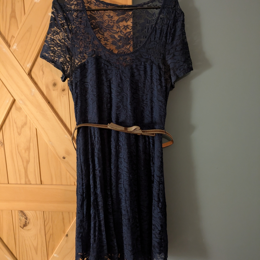Elegant Navy Lace Dress with Belt